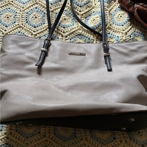 Taupe Leather Tote Bag with Black Trim